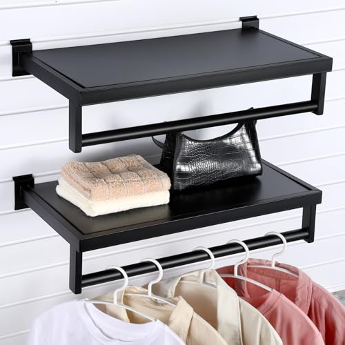 RattanView 2 Pcs Black Slatwall Shelf Clothes Rack with Top