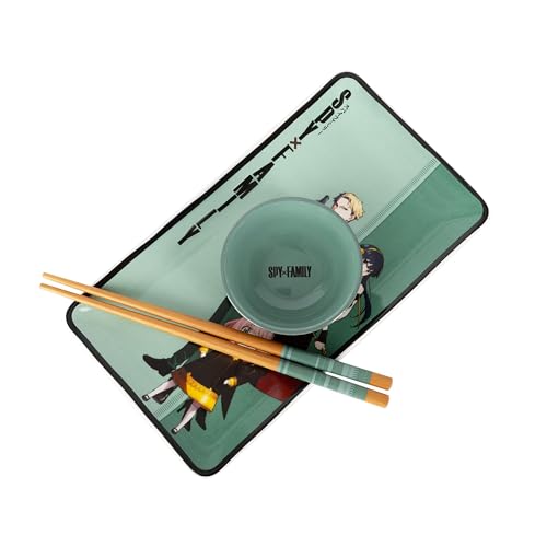 Image of Silver Buffalo Spy X Family Japanese Anime Featuring Anya Forger, Loid (Twilight), and Yor (Thorn Princess) Ceramic Sushi Set with Dipping Sauce Dish and Matching Chopsticks