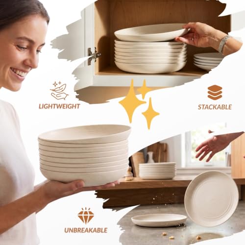 Image of Homienly Dessert Plates - 8 Inch Wheat Straw Plates Set, Dinner Plates Set of 8, Appetizer Plates, Lightweight Unbreakable Plates, Microwave Safe Plates, Deep Plates for Dinner - Beige