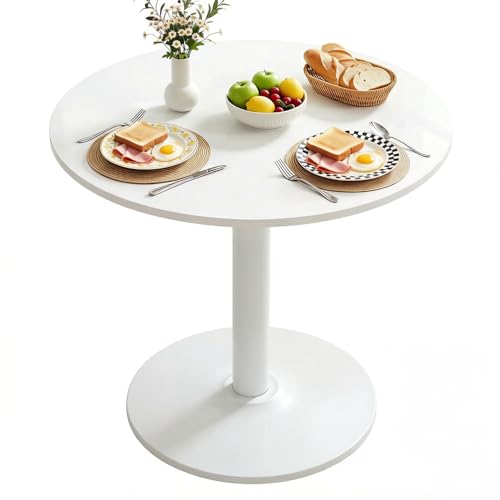 Warmiehomy Small Dining Table, 80cm Modern Round Dining Room Table for Home Apartment Kitchen Living Room, White Wooden Tabletop and Metal Base
