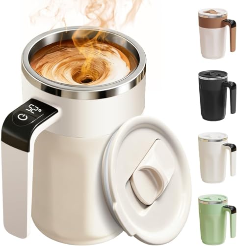 Opiniones de Taza Electrica Top 10. 46 Taza de Café con Agitador Automático y Pantalla de Temperatura,Taza de Café Recargable,Taza con Tapa y Agitador Automático de 13,5 oz, Material de Acero Inoxidable (Blanco)