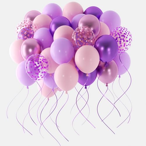 Image of 60 Pieces Pink Purple Balloons, 12 Inches Metallic Light Purple Balloon Confetti Balloons for Birthday, Wedding, Unisex Adults & Children Party Decorations