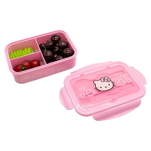 Image of Fast Forward Hello Kitty Bento Lunch Box for Kids | Sanrio Food Container with Utensils | BPA-Free Toddler Lunch Kit with 3 Compartments | Bento Snack Box with Spoon & Fork