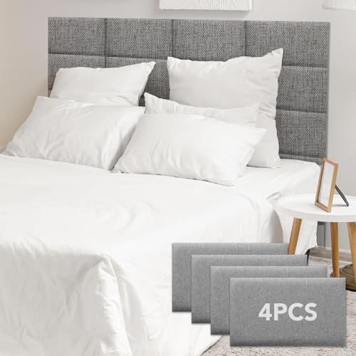 CvoMep 4 Piece Linen Fabric Peel and Stick Headboard, Upholstered Wall Mounted Headboard for Twin, 3D Anti-Collision Soundproof Self-Adhesive Wall Panel for Bedroom 16.53' x 9.84'