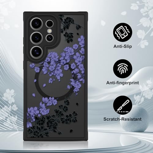 OOK Case Fit for Samsung Galaxy S24 Ultra 6.8 in (Wireless Charging Compatible) Purple Floral Flowers Design Translucent Phone Cover Soft TPU + Hard PC Anti-Scratch Shockproof Magnetic Case for Women by OOK - Used condition - Image 4