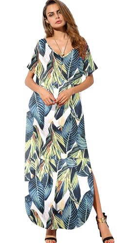 Image of GRECERELLE Women's Summer Maxi Dress Casual Loose V Neck Short Sleeve Side Split Long Dresses with Functional Pockets