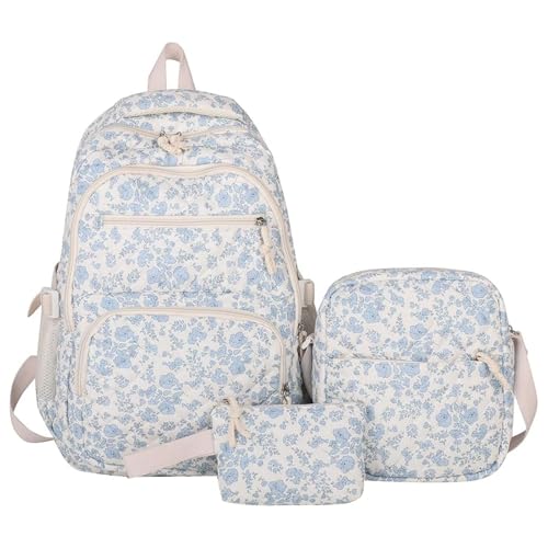 3PCS Backpack Set with Cute Floral Quilted Backpack Bags, Aesthetic Floral Bookbag, Large Quilted Daypack (bule)