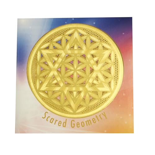 RELIGHT フラワーオブライフ 六芒星 神聖幾何学 エナジーカード 金属 flower of life 覚醒 成長 バランス 調和 金色 8㎝ (フラワーオブライフ＆六芒星 A, 8㎝)