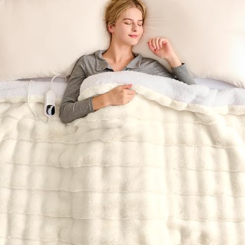 Image of Homemate Electric Heated Blanket Twin Size - 62 inchx84 inch Heating Blanket Twin Size 1 /2 /4 /6 /8 Hours Auto-Off 10 Heat Level Over-Heat Protection Luxury 800 GSM Faux Fur 200 GSM Sherpa ETL Certification
