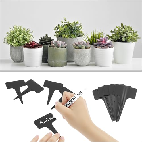 QWORK® 120 sztuk plastikowe etykiety roślinne, w kształcie litery T etykiety ogrodowe odporne na warunki atmosferyczne z oznaczeniem pióra, do roślin wewnątrz i na zewnątrz