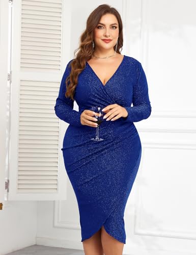 Image of ZOMVA Plus Size 0X-4X Sparkly Glitter Ruched Bodycon Midi Dress Sparkle Sequin Wrap Ruffle Sleeve Dress Cocktail Party Formal