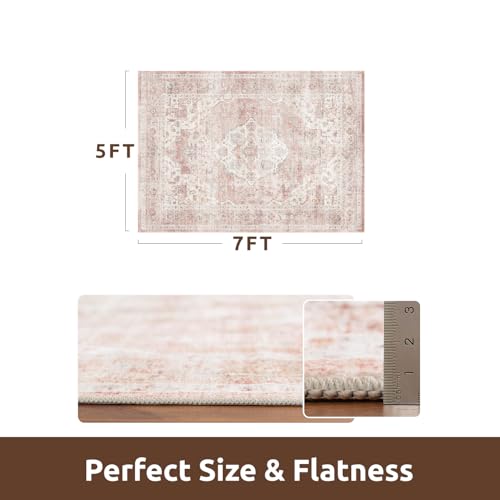 AMOAMI-Area Rug 5X7 Rugs for Living Room-Vintage Soft Pink Rugs for Bedroom-Non Slip Carpet-Machine Washable Rug for Dining Room Living Room Bedroom Office Under Table