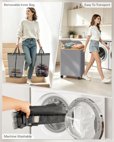Image of Double Laundry Basket with Wheels and Lid, 150L Clothes Hampers for Laundry