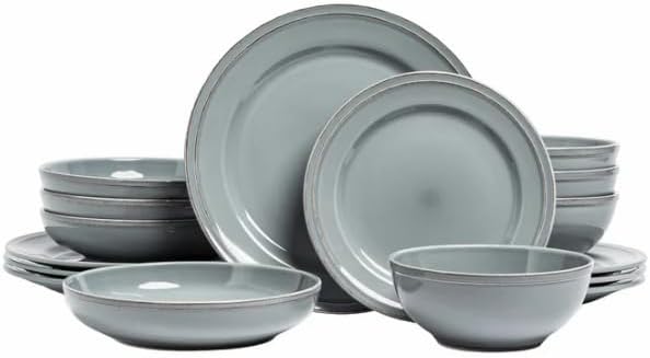 Over&back Lake Como 16 Piece Dinnerware Set Blue – Premium Stoneware Dishes – Service for 4 – Includes Dinner Plates, Salad Plates, Bowls – Reactive Glaze Finish – Microwave & Dishwasher Safe