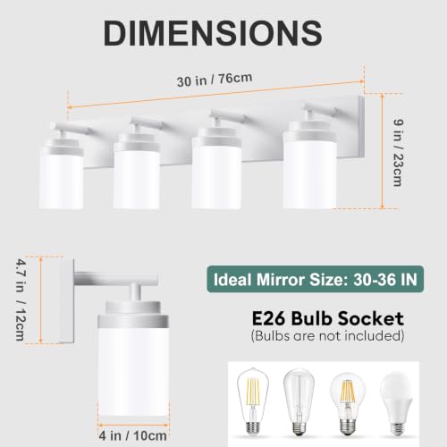 Image of IZORRO Bathroom Light Fixture White, White Glass Shade 30-Inch 4-Light | Bathroom Light Fixtures Over Mirror, Modern Farmhouse Vanity Lights, Rustic Restroom Lighting Fixtures