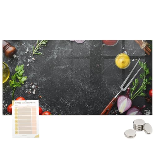 Pizarra de metal y vidrio de 100x70 cm con diseño de verduras para cocinas y oficinas