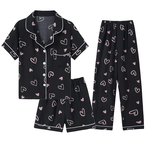 Image of Hupohoi Big Girls Button Down Pajama Set 3pcs Short Sleeve Long Pants with Shorts Crepe Wrinkled Fabric Sleepwear Nighty