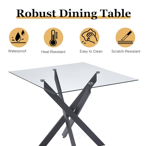 5-Piece Square Tempered Glass Dining Table Set for 4, Cross Metal Leg Modern Kitchen Table Set with 4 High-Back Velvet Upholstered Chair for Dining Room, Apartment(Grey Chair) - Image 4