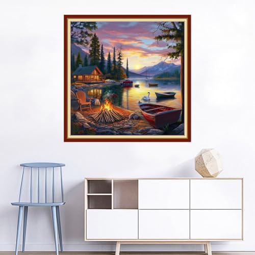 Image of Joyhoor Cross Stitch Kits for Beginners Stamped Cross-Stitch Supplies Needlework preprint Embroidery Kits for Adults DIY Needlepoint Kits Embroidery Patterns 11CT-Sunset by the Lake 18x18 inchs