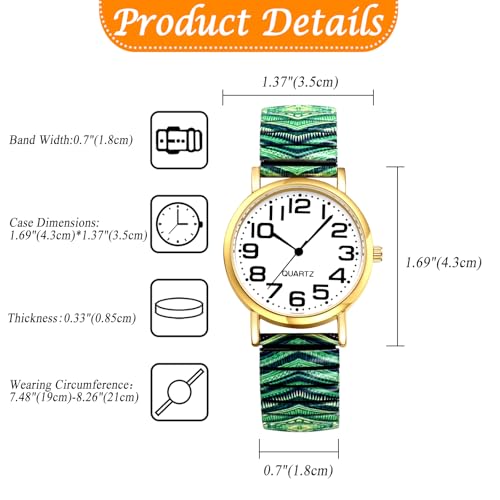 JewelryWe Elastyczny damski zegarek na rękę: Letni zegarek Czechy z dużym numerem Kolorowy metalowy pasek Retro Vintage Prezent dla niej, D, Adulto, Boho