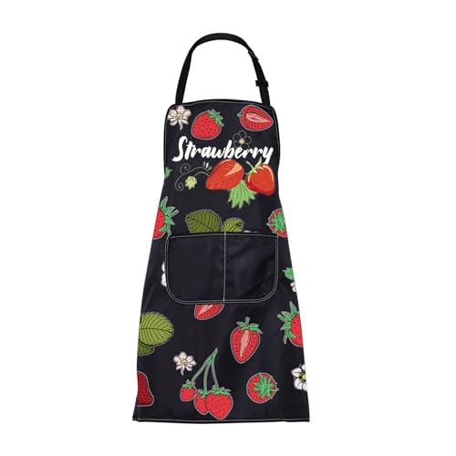 CMNIM Strawberry Aprons Strawberry Cooking Apron With Pockets Kitchen Baking Chef Gardening Apron Strawberry Fruit Lover Gift (Strawberry Aprons)