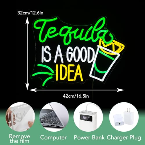 Image of Tequila Is A good Idea Neon Sign LED Tequila Light Up Sign for Wall Decor Dimmable USB Tequila Neon Light Signs for Beer Bar Home Party Music Festival Man Cave Restaurant