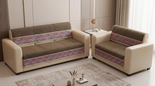 Image of KINGLY Sofa Cover 5 Seater 3+2 Velvet Full Cover - Chocolate Brown | Fully covered quilted velvet slipcover, washable anti-slip thick furniture protector for 3+2 living room sofa