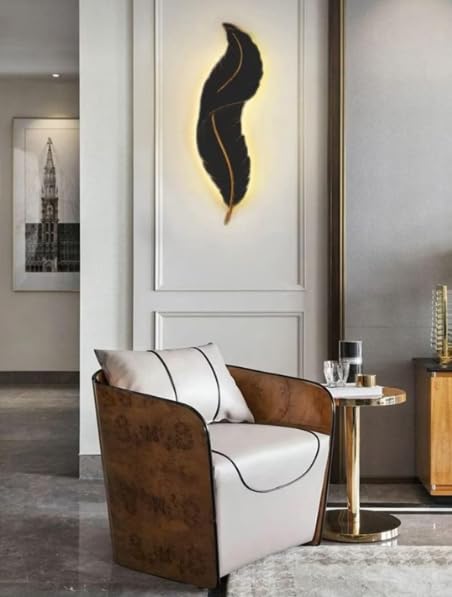Image of Resin Antique Feather Wall Sconce|Snowy Quill Decorative Wall Light for Living Room, Hallway, Dinning Area, Kitchen- Warm White, Cool White, Natural White (Black+Golden)