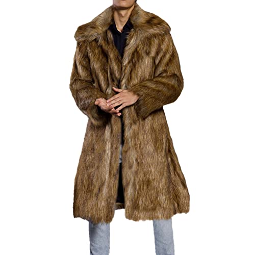 Lisa Colly Men's Fluffy Faux Fur Coat Winter Long Jacket Overcoat Parka Outwear (Light camel,Large)