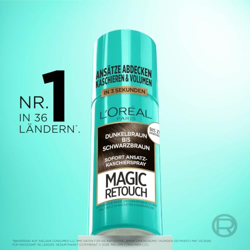 L'Oréal Paris Ansatz-Kaschierspray für stufenlose und natürliche Übergänge, Kaschiert bis zur nächsten Haarwäsche, Magic Retouch, Dunkelbraun bis Schwarzbraun, 1 x 75 ml