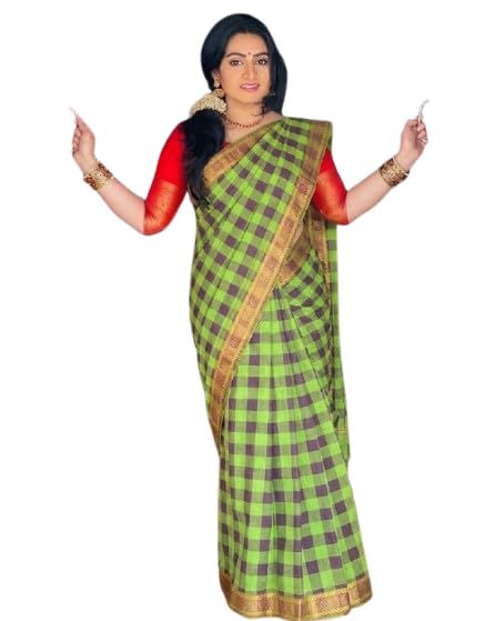 Pure Cotton Chettinad Saree, Green and Brown Checkered Pattern, Golden Zari Border, Traditional South Indian Weave-image-3