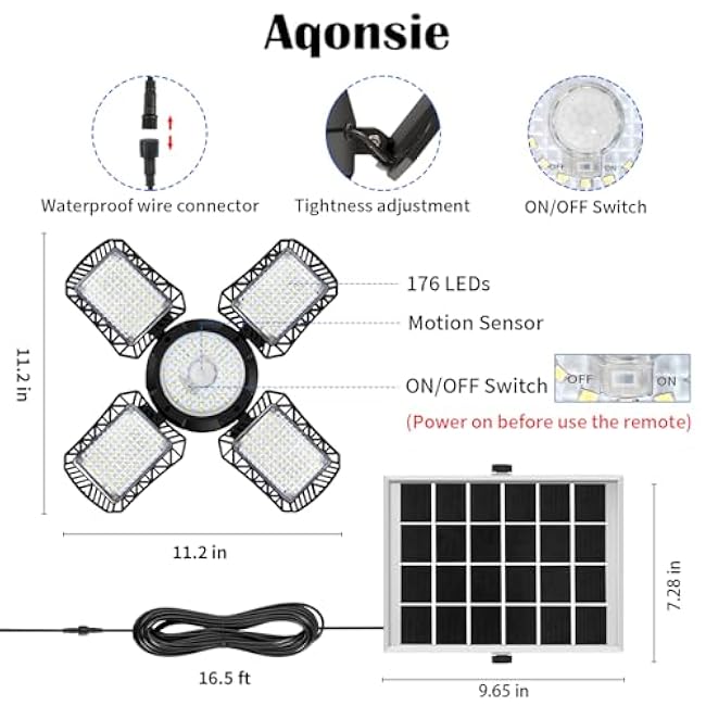 Aqonsie Solar Shed Light Outdoor Indoor, 176LED Solar Powered Motion Sensor Pendant Light Daytime Available, Solar Indoor Lights with 5 Lighting Modes & Remote for Shed Gazebo Barn Garage Home