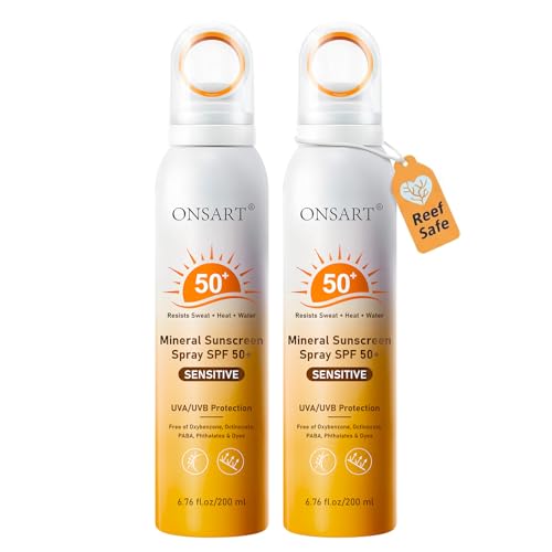Image of Mineral Sunscreen Spray SPF 50+, Reef Safe, Zinc Oxide Sunscreen, Broad Spectrum UVA /UVB, 360 Ring Spray, Water Resistant 80 Minutes, Lightweight Non-Greasy, 6.76 fl Oz (Pack of 2)