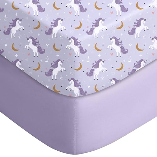 Image of Yoofoss Baby Crib Sheets for Boys Girls, Fitted Crib Sheet 2 Pack for Standard Crib and Toddler Mattress, Super Soft Microfiber Baby Sheet 28x52x8in(Purple+Unicorn)