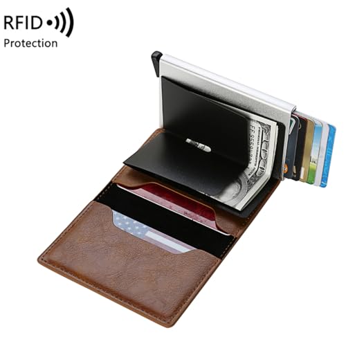 EDGE Men’s Ultra Metal RFID Blocking Real Carbon Fiber Pop up Card Wallet Minimalist Aluminium Credit Debit Card Money Holder Brown3