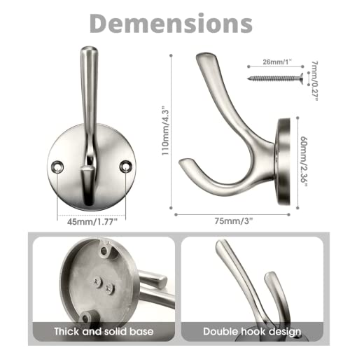 Netlkla 4 Packs Brushed Nickel Coat Hooks, Silver Robe Hook, Decorative Towel Hooks, Heavy Duty Double Prong Wall Hooks, Metal Closet Hooks, Hat Hooks For Hanging For Bathroom, Kitchen And Office #TOP1