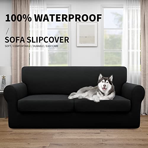 Image of Easy-Going Waterproof 3-Piece Oversized Loveseat Couch Covers for Sofa | 3-Piece Set Spandex Sofa Cover Slipcover Elastic Bottom Dog Pet Friendly Black