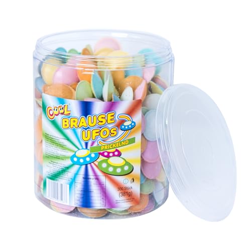 COOL Brause Ufos, 300 prickelnde Brause Ufos, kunterbunt aus Esspapier, kultige Retro-Süßigkeit für Kindergeburtstage, Frischhaltedose wiederverschließbar (1 x 381 g)