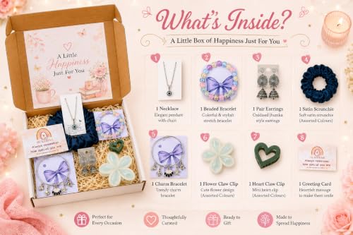Image of Mei & More Birthday Gift Combo for Girls & Women - Scrunchie, Bow Hair Claw, Flower Clip, Beaded Charm Bracelet & Korean Pearl Earrings | 8-Piece Fashion Jewelry & Hair Accessory Gift Set for Women & Girls, Random Colours & Designs