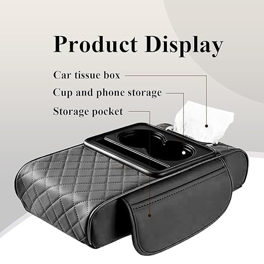 Image of Car Armrest Cushion, 5 in 1 Center Console Cover with 2 Cup Holders, Phone Holder, Tissue Holder, Storage Bag, Multifunctional Leather Heightened Car Armrest Cushion for Most Car (Black)