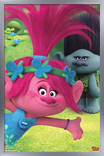 Poster DreamWorks Trolls amusant encadré argenté, le cadeau idéal pour fan d'animation