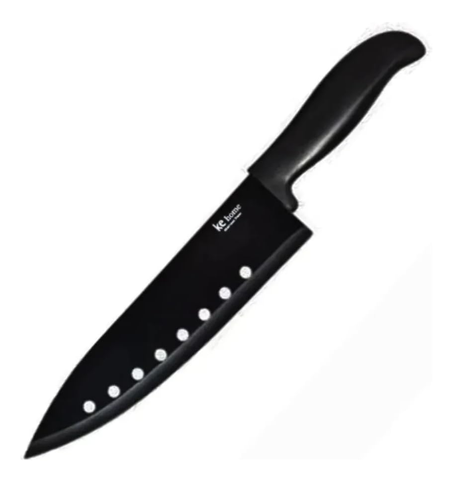 Faca do Chef Profissional, Aço Inox, Preta, 31 cm, Cabo Anatômico, Antiaderente, para