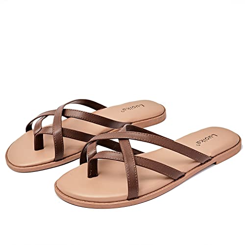 Image of Luoika Women's Wide Width Flat Sandals, Flip Flop Slides Sandal Casual Strapy Sandal Slip on Summer Beach Shoes for Women.