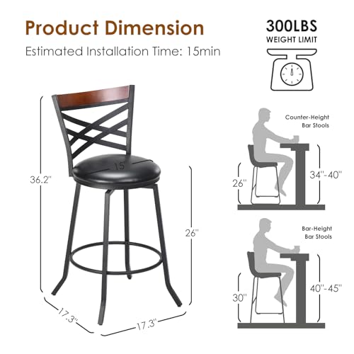 Swivel Bar Stools Set of 2,Mid Century Modern Counter Height Bar Stools,Counter Stools for Kitchen Counter Height Chairs with Back Faux Leather Barstools for Kitchen Island Bar Stools,350lb,Black