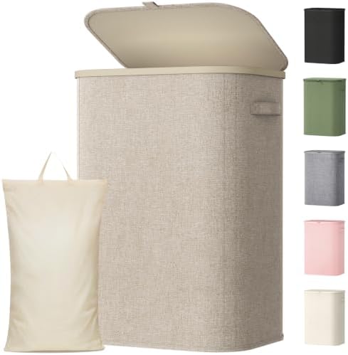 Lifewit 85L Wäschekorb mit Deckel, faltbarer Wäschesammler, Beige | Große Wäschebox mit entnehmbarem Wäschesack und Tragegriffen, Schmutzwäschebehälter für Schlafzimmer, Bad und Wa