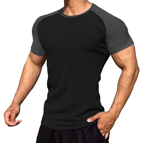 Mens Raglan Sleeve Summer T-Shirts Classic Basic Muscle Short-Sleeve Casual Slim Fit Color Block T Shirts (Black,Medium)