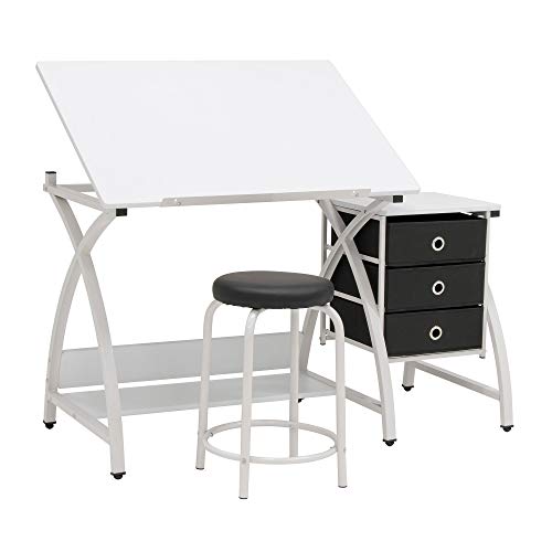 Sd Studio Designs 2 Piece Comet Center Plus, Craft Table And Matching Stool Set With Storage And Adjustable Top, 50"W X 23.75"D X 29.5"H, White/White #TOP3