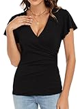 Womens Summer Black Wrap Tops Sexy Dressy Casual Cute Ruffle Sleeve Low Cut Criss Cross Deep V Neck Slim Fit Shirred T Shirts Blouse M