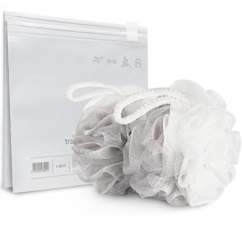 Travel Shower Loofah Set with Case Quick-Dry Exfoliating Body Sponge Pouf Duo for Gym Hotel & Home (Gray White)
