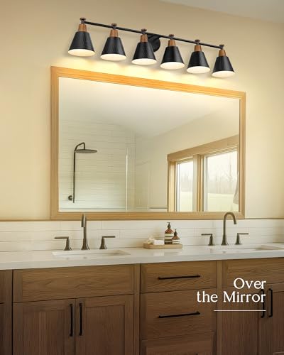 Image of FEMILA Black 6 Light Bathroom Vanity Light, Vintage Bathroom Light Fixtures Over Mirror, E26 Base, 4FG59B-6W BK